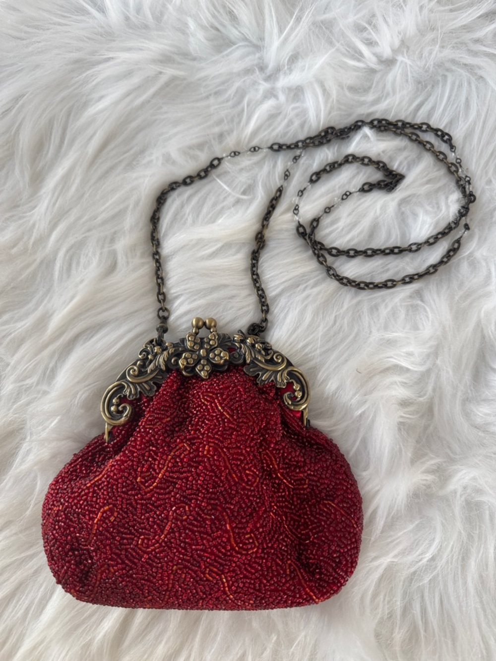 Inge Christopher Red Beaded Vintage-Style Evening Bag with Crossbody Chain